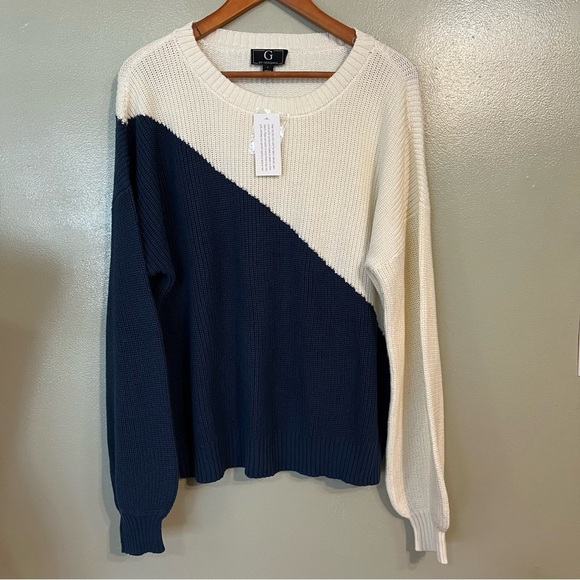 G By Giuliana Womens Color Block Navy White 100% Cotton Knit Sweater L NWT - Picture 1 of 11